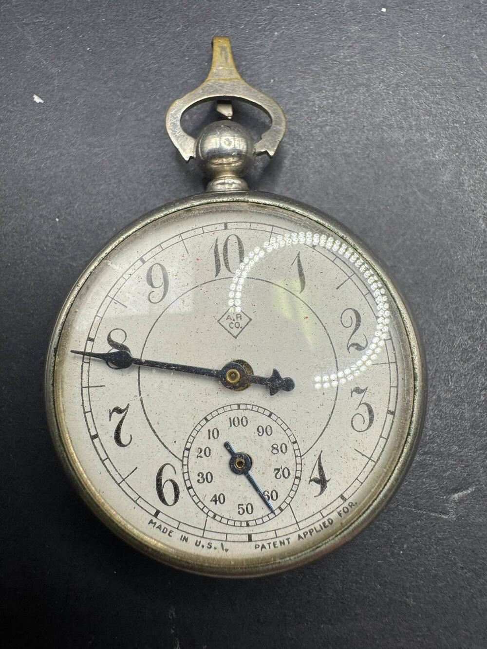 Vintage A.R. Co. Pocket Watch Made in USA Patent Applied For Silver Tone Case